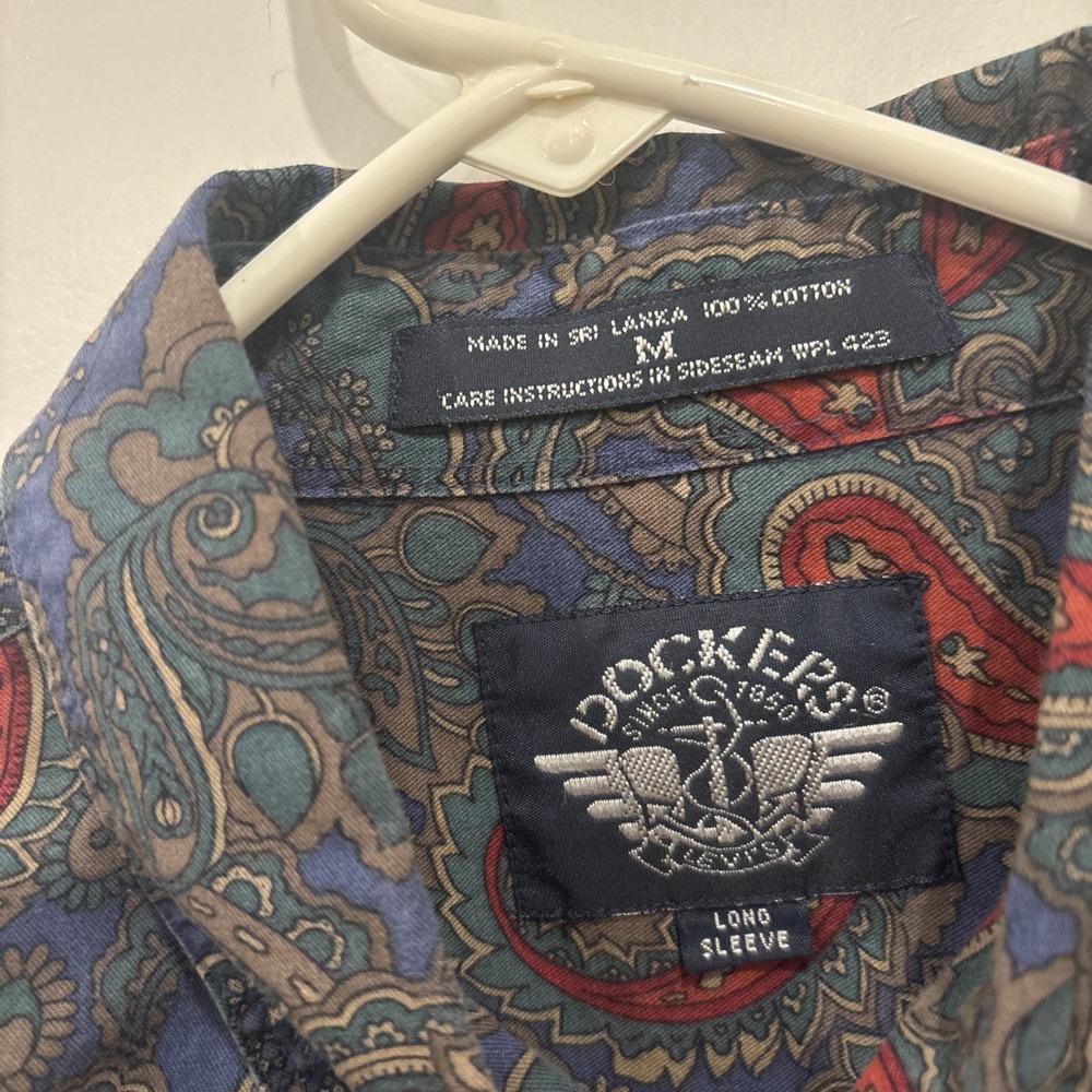 DOCKERS Shirt Men M Paisley Button Front Long Sleeve Cotton Twill 90s Blue VTG - Picture 3 of 6